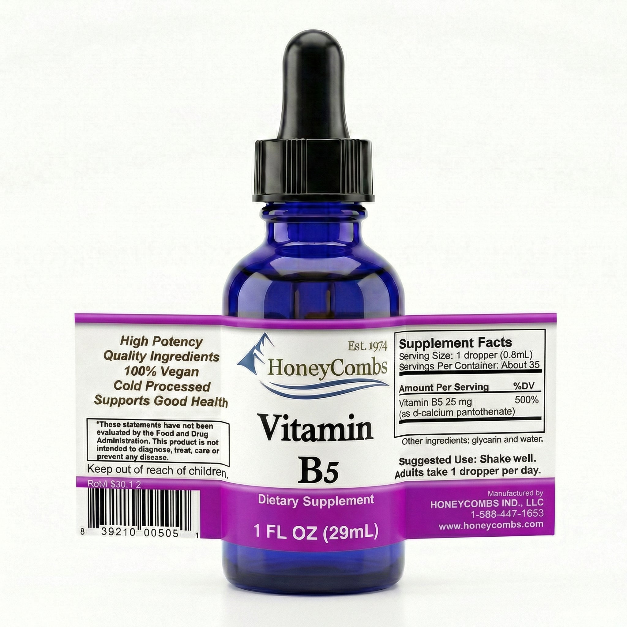 Vitamin B5 Pantothenic Acid Liquid Alcohol-Free Extract - Made in the USA - 30 Day Supploy - 500% DV per Serving