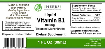 Liquid Vitamin B1 (Thiamine Mononitrate) 100mg – Made in the USA - Clean, Alcohol-Free Thiamine Drops for Energy & Nervous System Support