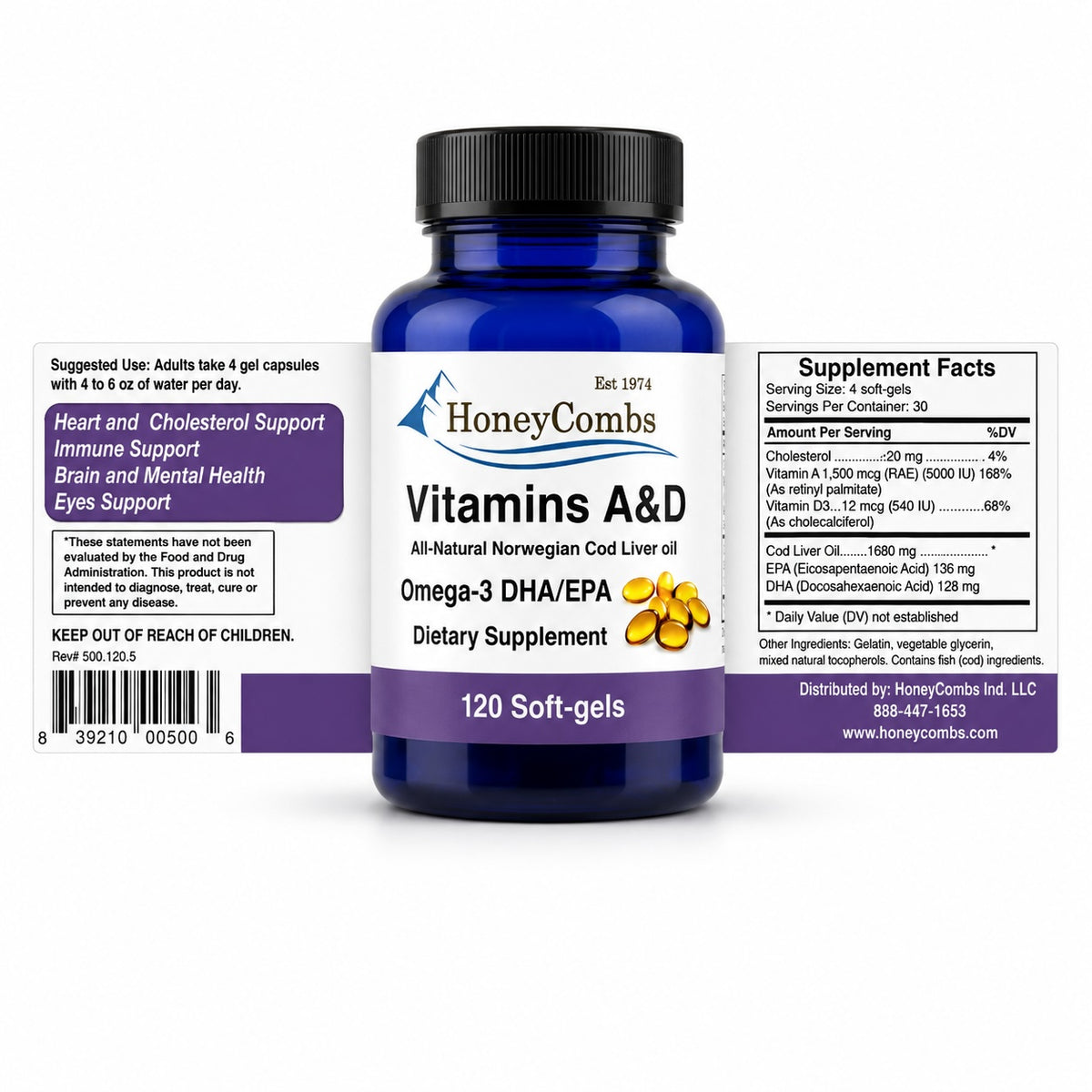 1Herbs Vitamin A & D Gel Caps 120ct – Cod Liver Oil, Immune, Bone & Vision Support