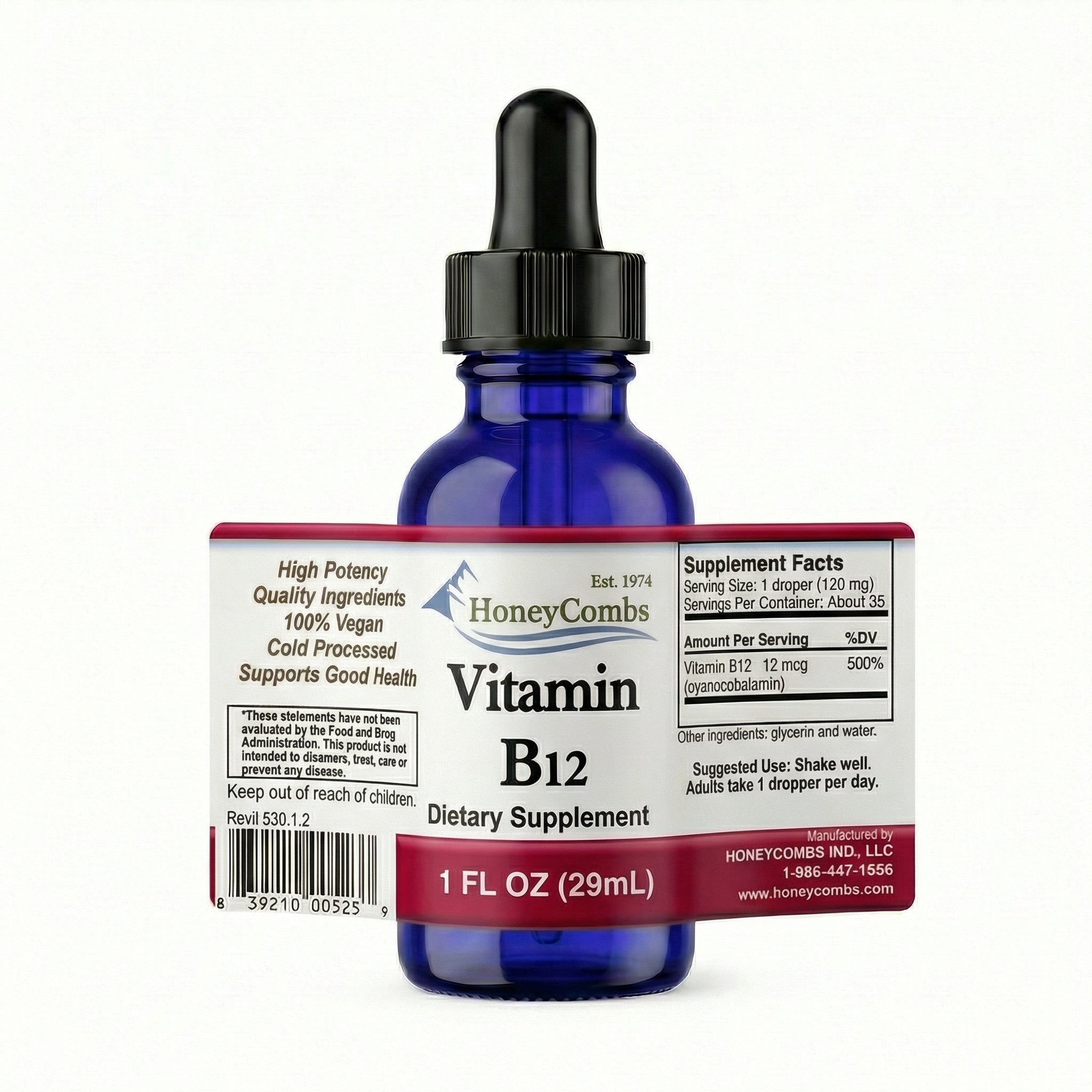 Liquid Vitamin B12 Cyanocobalamin - Made in the USA - 30 Day Supply - 500% DV per Serving