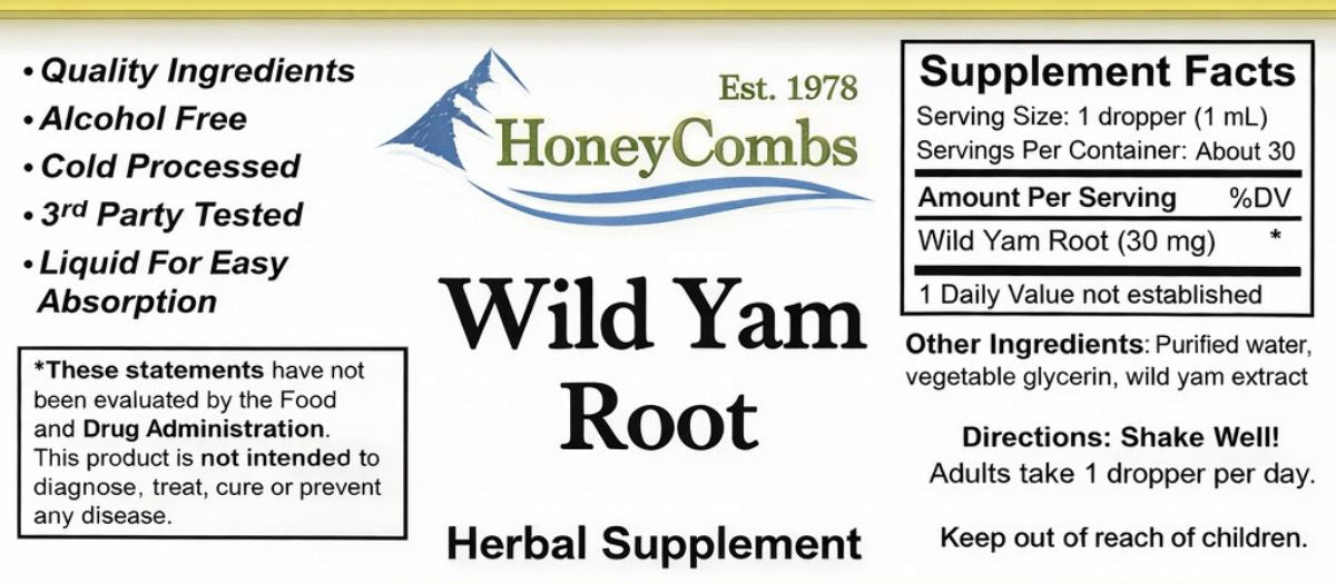 Wild Yam Root 1oz supplement facts label – alcohol-free herbal extract — 1Herbs