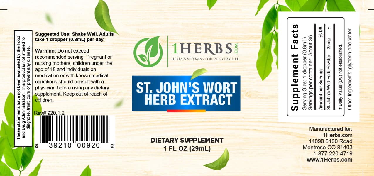 St. John's Wort liquid extract 1oz supplement label – mood & nerve support — 1Herbs