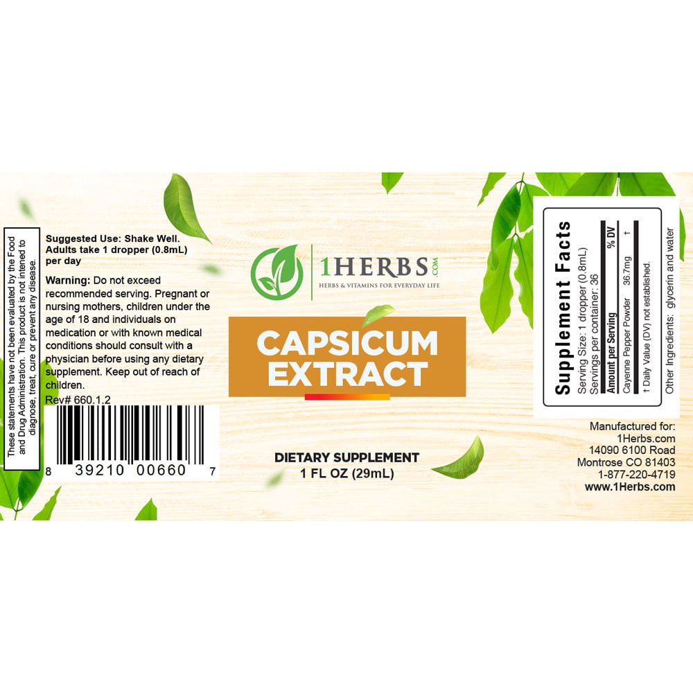 Capsicum cayenne pepper supplement facts label — 1Herbs